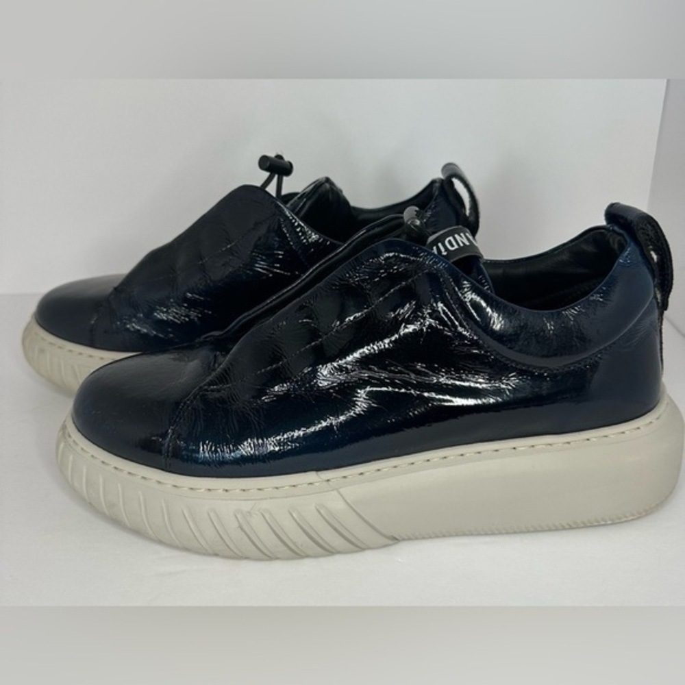 Andia Fora Navy Blue Patent Leather Platform Sneakers Toggle Laces Made in Italy